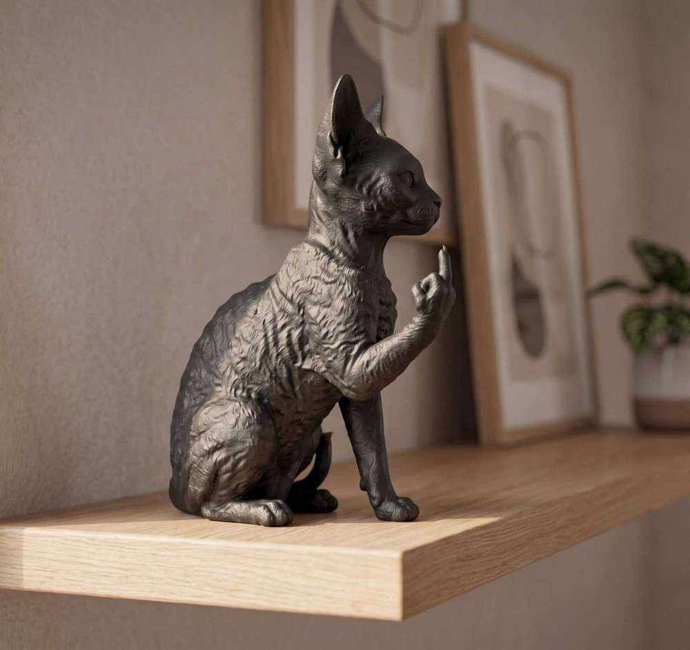 Statuetta Devon Rex in resina, vista di profilo, finitura nera opaca