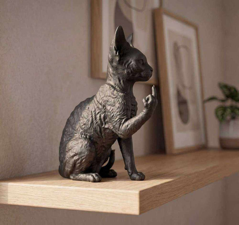 Statuetta Devon Rex in resina, vista di profilo, finitura nera opaca