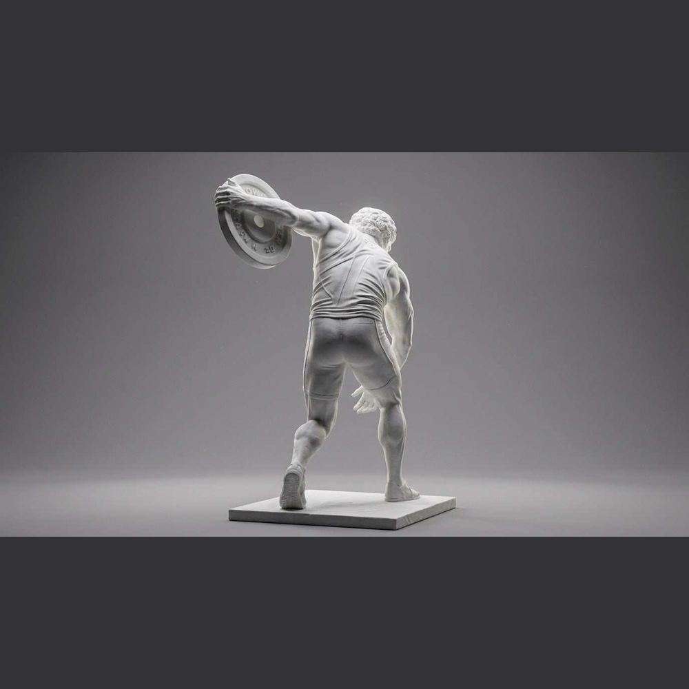 Moderner Diskuswerfer mit Fitnessgewicht aus mattem weißem Gipsoptik-Harz – Von der klassischen griechischen Kunst inspirierte Statue – Zeitgenössische Fitnessskulptur