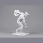 Moderner Diskuswerfer mit Fitnessgewicht aus mattem weißem Gipsoptik-Harz – Von der klassischen griechischen Kunst inspirierte Statue – Zeitgenössische Fitnessskulptur