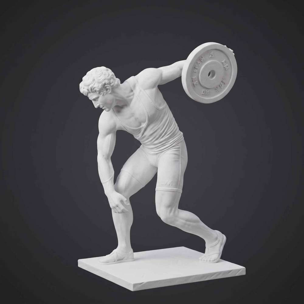 Discobolo Moderno con Peso da Palestra in Resina Effetto Gesso Bianca Opaca – Statua Ispirata all'Arte Greca Classica – Scultura Fitness Contemporanea