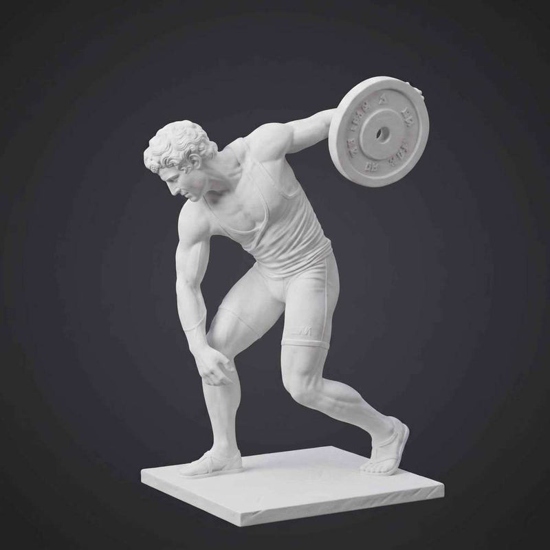 Discobolo Moderno con Peso da Palestra in Resina Effetto Gesso Bianca Opaca – Statua Ispirata all'Arte Greca Classica – Scultura Fitness Contemporanea