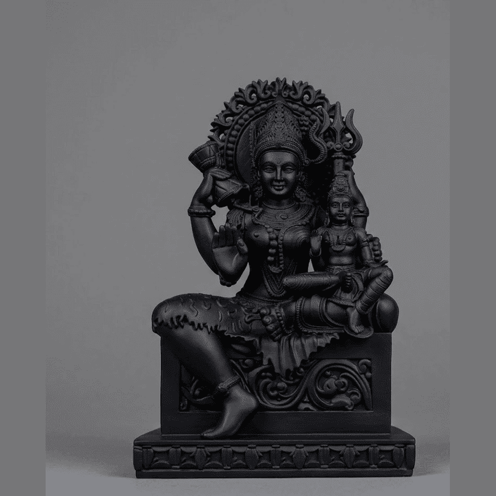 Divinità Indù con Bambino — Statua da Collezione in Resina Nera Opaca - Taraflo
