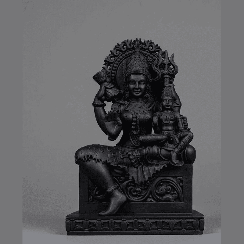 Divinità Indù con Bambino — Statua da Collezione in Resina Nera Opaca - Taraflo
