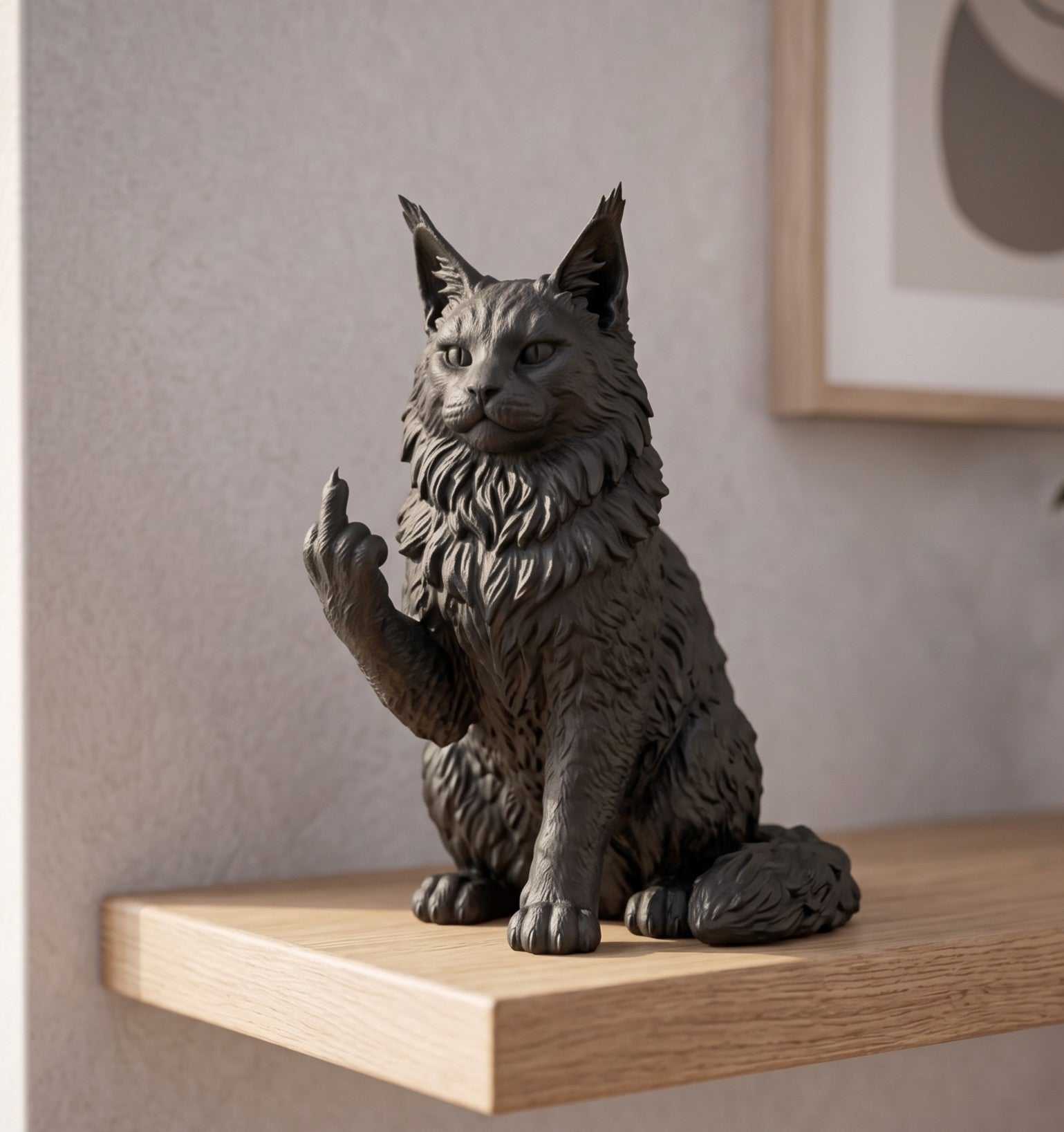 Statua Maine Coon nero in resina con finitura opaca, scultura elegante per amanti dei gatti