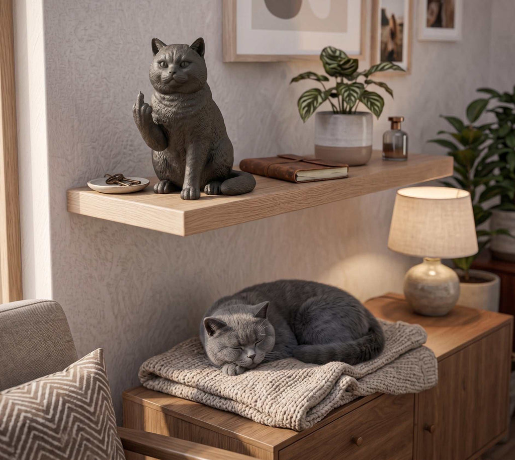 Estátua de gato British Shorthair em resina – Escultura elegante para amantes de gatos, decoração moderna para a casa, presente para apaixonados por gatos