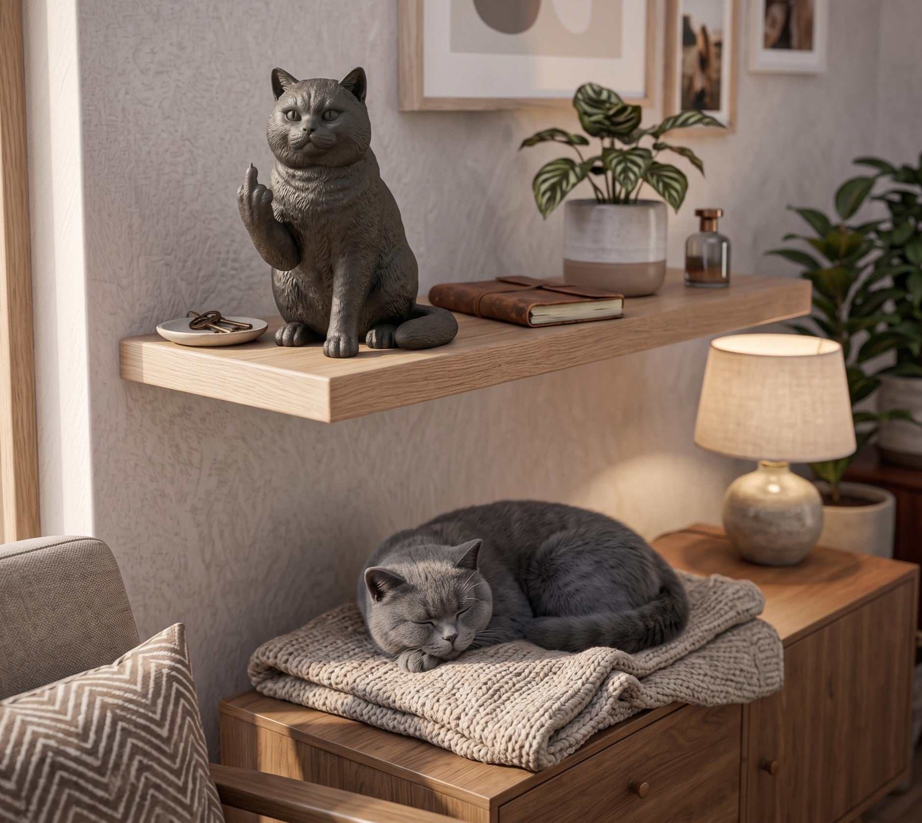 Estátua de gato British Shorthair em resina – Escultura elegante para amantes de gatos, decoração moderna para a casa, presente para apaixonados por gatos