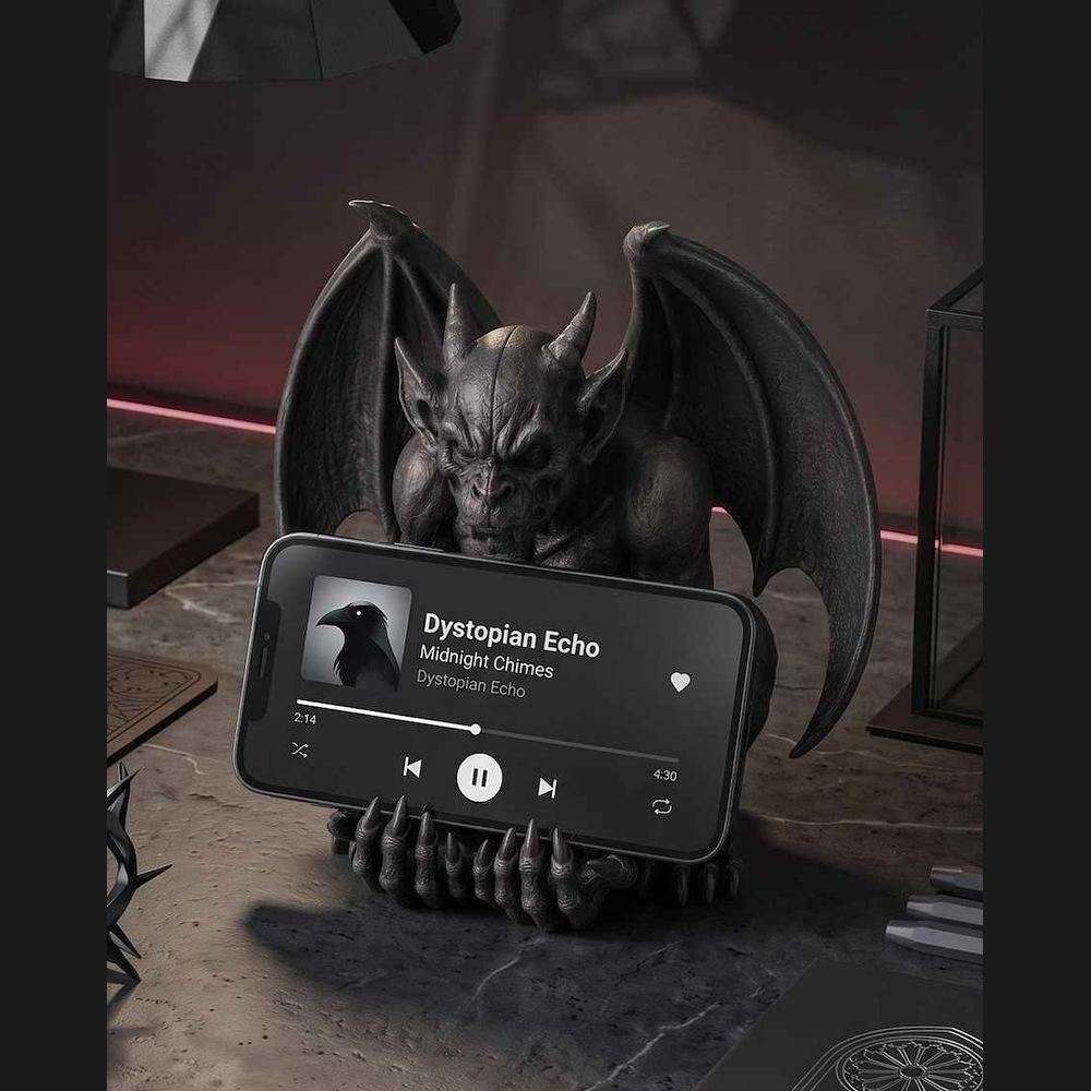 Gargoyle Guardiano — Supporto per Smartphone in Resina Nera Opaca (20 cm)