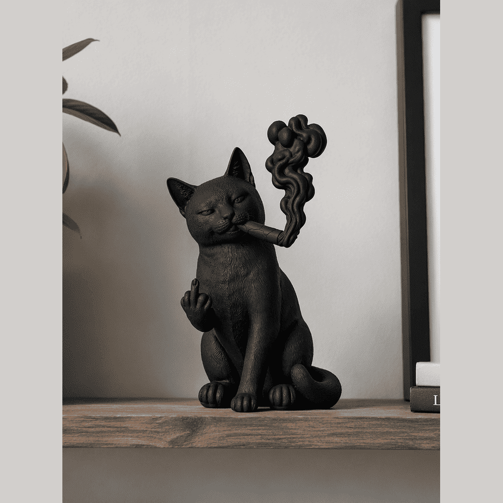 Gatto Nero «Ribelle» con Sigaro — Statuetta da Collezione in Resina Nera Opaca - Taraflo