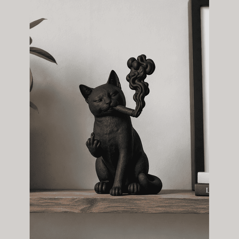 Gatto Nero «Ribelle» con Sigaro — Statuetta da Collezione in Resina Nera Opaca - Taraflo
