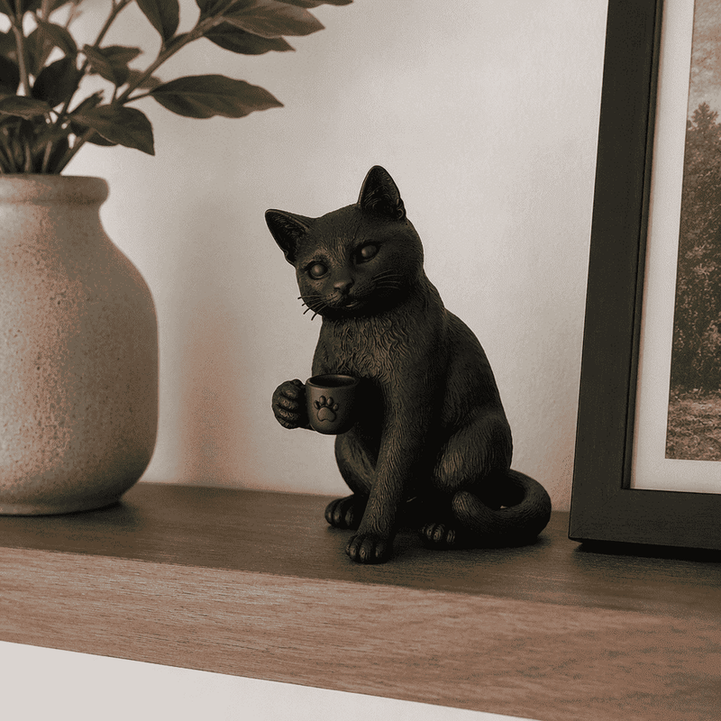 Gatto Nero con Tazzina — Statuetta da Collezione in Resina Nera Opaca - Taraflo
