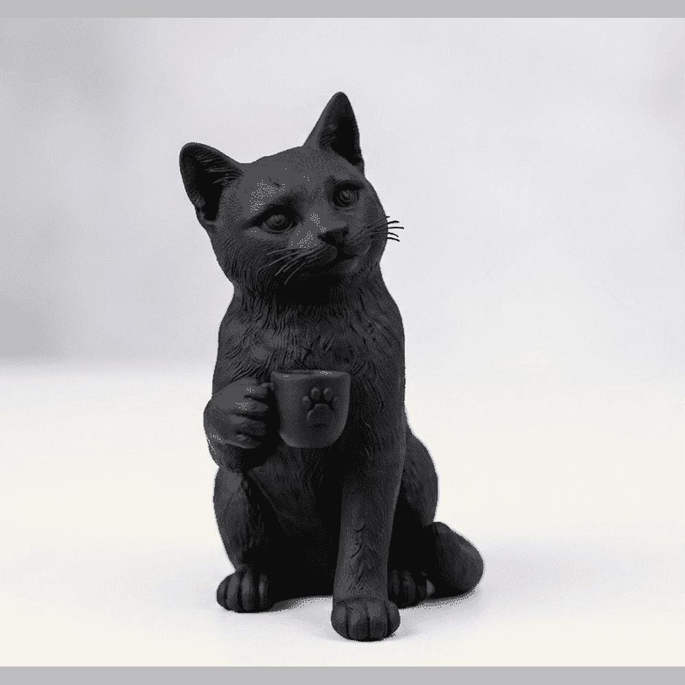 Gatto Nero con Tazzina — Statuetta da Collezione in Resina Nera Opaca - Taraflo
