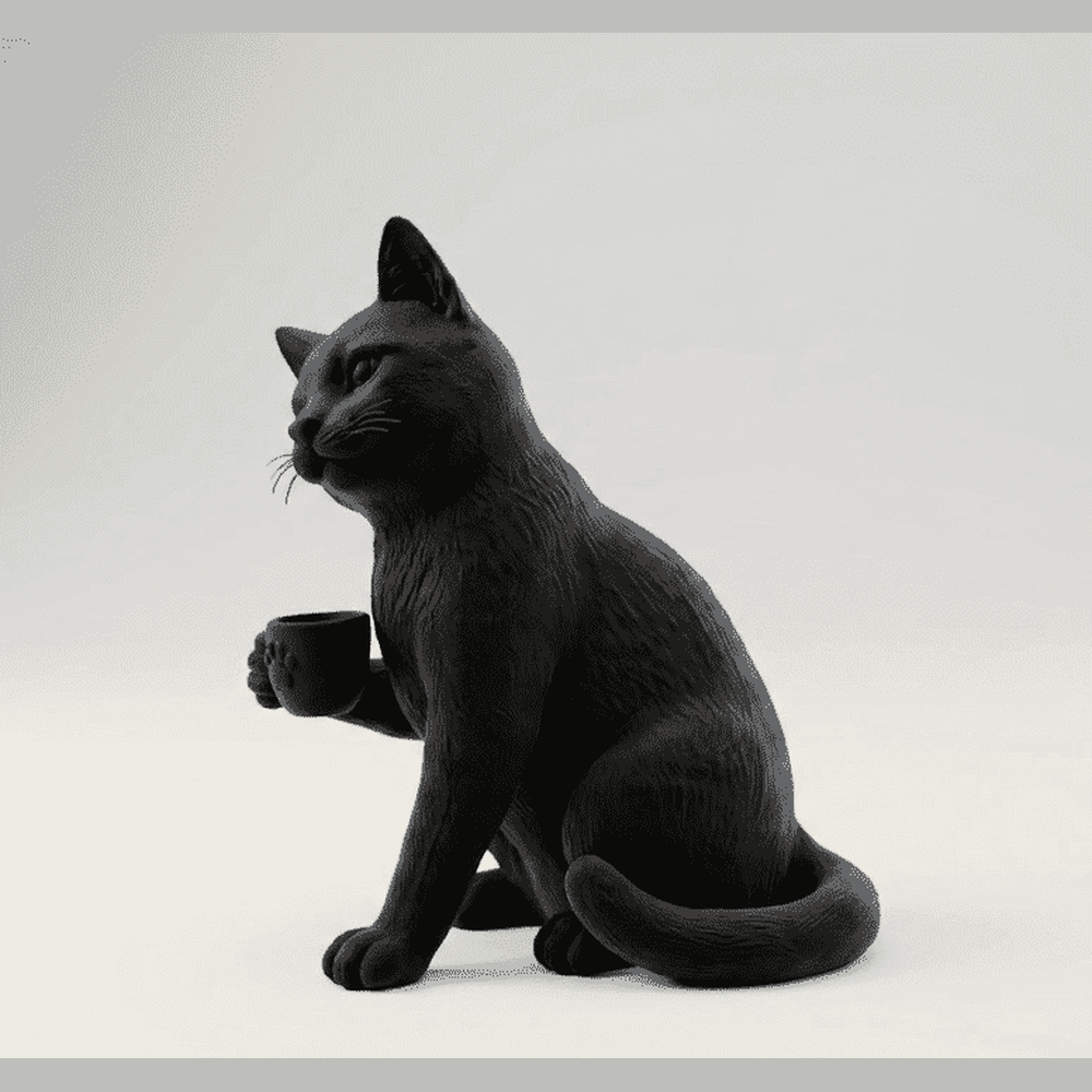Gatto Nero con Tazzina — Statuetta da Collezione in Resina Nera Opaca - Taraflo