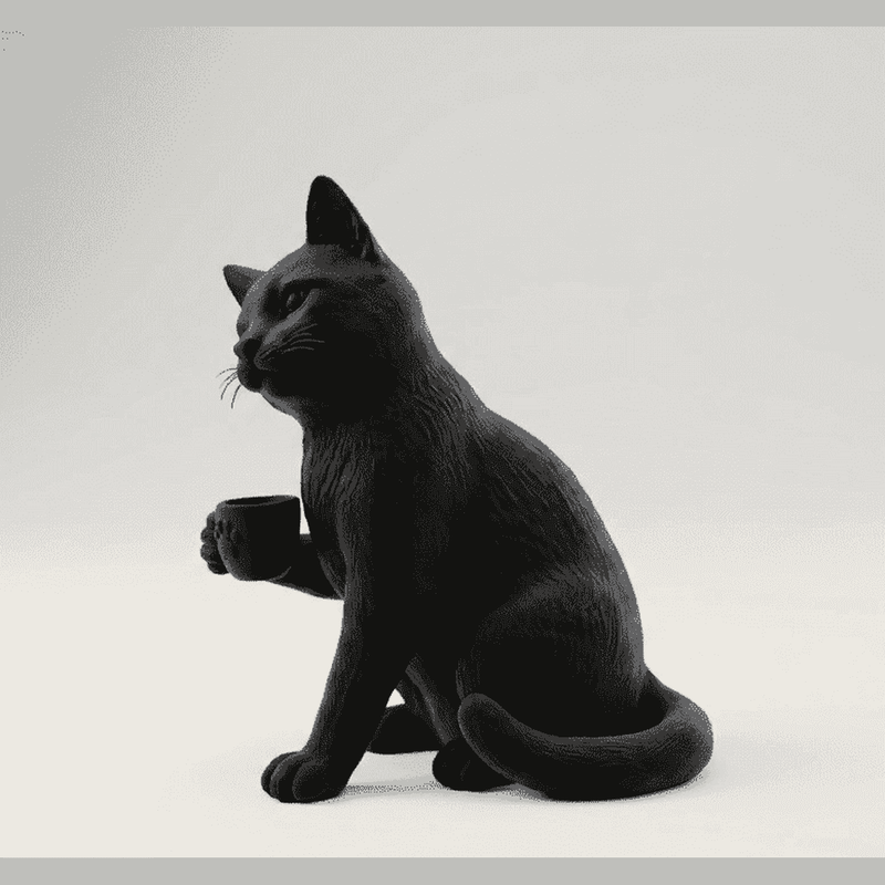 Gatto Nero con Tazzina — Statuetta da Collezione in Resina Nera Opaca - Taraflo