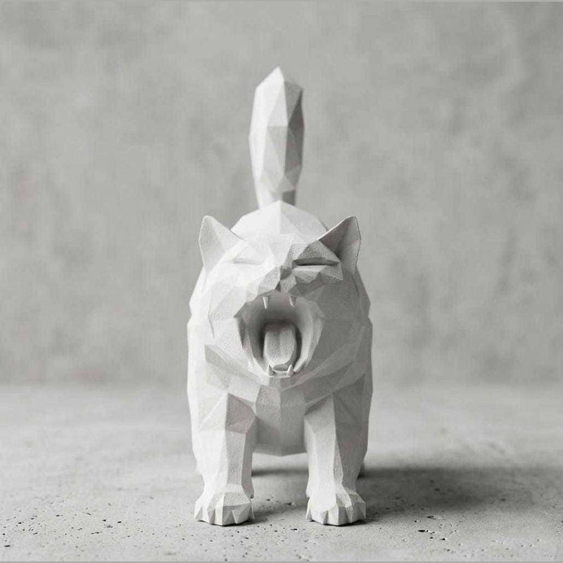 Gatto «Yawning» Low-Poly — Statuetta Decorativa in Resina Bianca Opaca - Taraflo