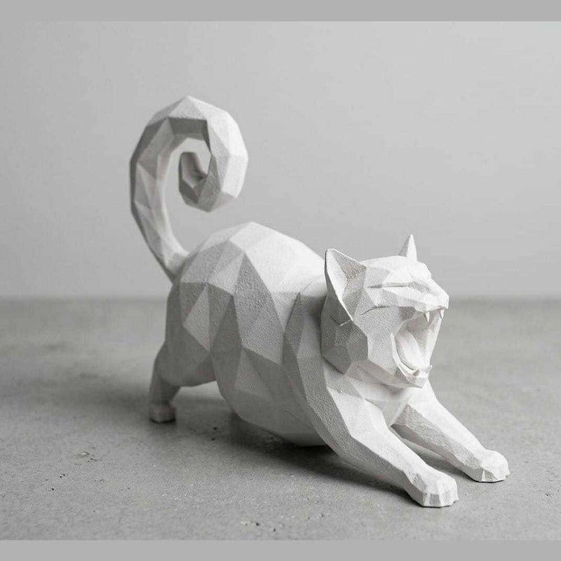 Gatto «Yawning» Low-Poly — Statuetta Decorativa in Resina Bianca Opaca - Taraflo