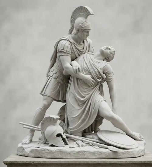 Scultura in marmo di Achille che sorregge Patroclo, simbolo di eroismo e amicizia nell'Iliade