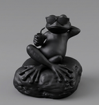 Statua rana relax nera opaca con occhiali da sole e bibita in mano, design moderno e divertente in resina per decorazione casa e ufficio
