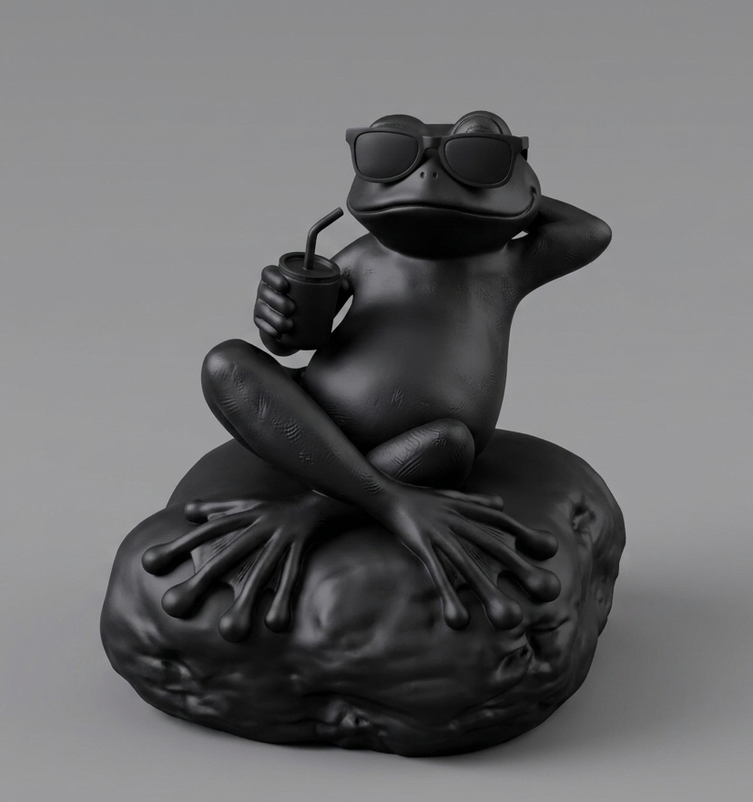 Statua rana relax nera opaca con occhiali da sole e bibita in mano, design moderno e divertente in resina per decorazione casa e ufficio