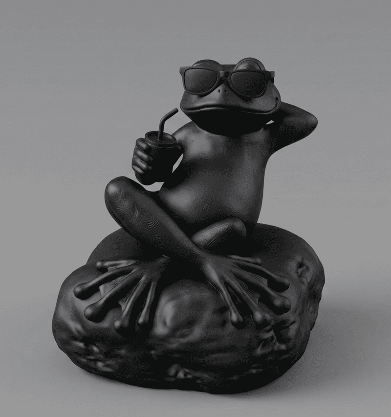 Statua rana relax nera opaca con occhiali da sole e bibita in mano, design moderno e divertente in resina per decorazione casa e ufficio