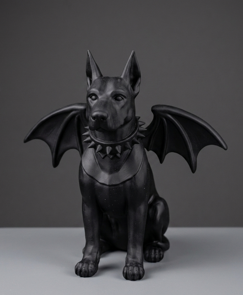 Statua Cane Gargoyle Nera – Statuetta Doberman Fantasy da Collezione e Arredo Gotico - Bat dog