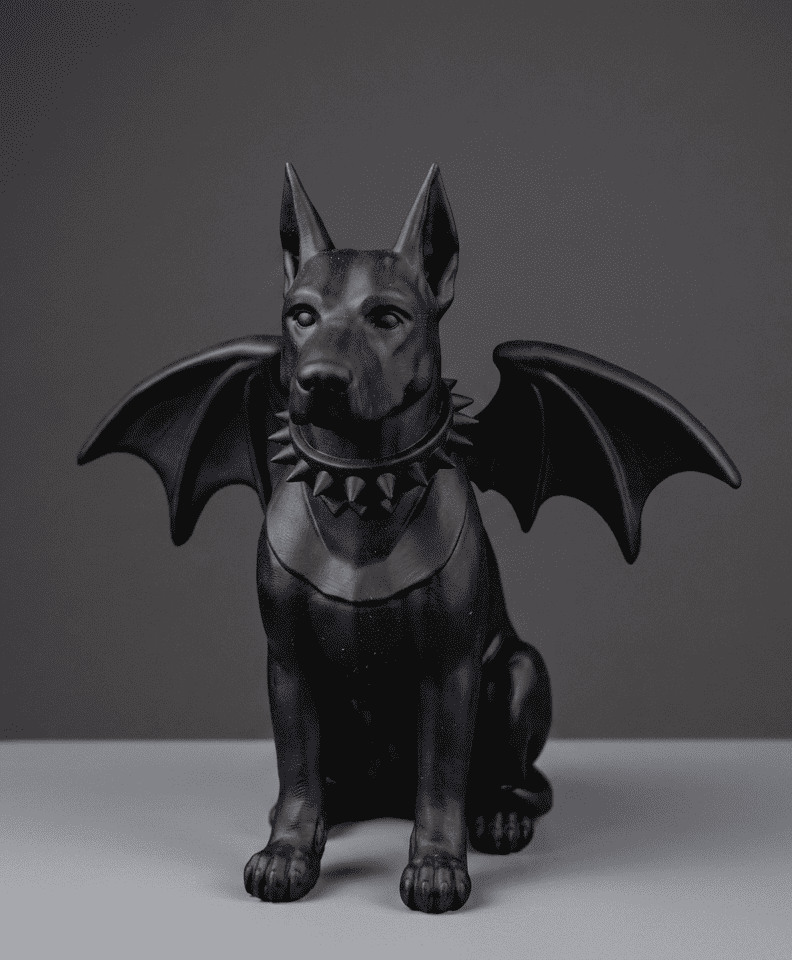 Statua cane gargoyle nera in resina, dettaglio muso