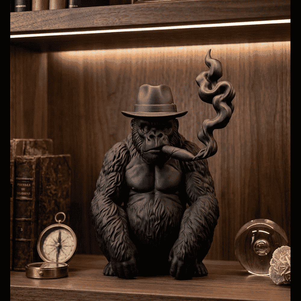 Gorilla «The Smoking Ape» — Scultura da Collezione in Resina Nera Opaca - Taraflo