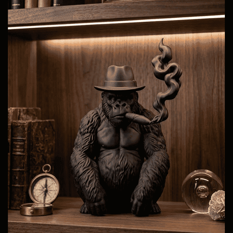 Gorilla «The Smoking Ape» — Scultura da Collezione in Resina Nera Opaca - Taraflo
