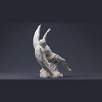 Statua di Angelo cadente in gesso bianco effetto marmo con dettagli classici e design minimalista