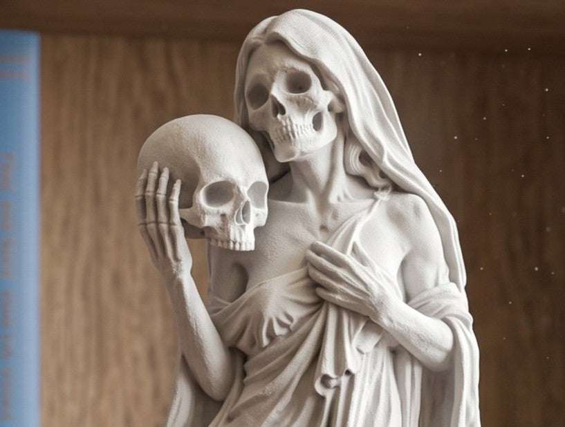 Statua Amore Eterno Memento Mori in Resina Effetto Gesso – Scultura Gotica Neoclassica "Eternal Love" con Teschi, Rose e Clessidra | Arredo Dark Academia