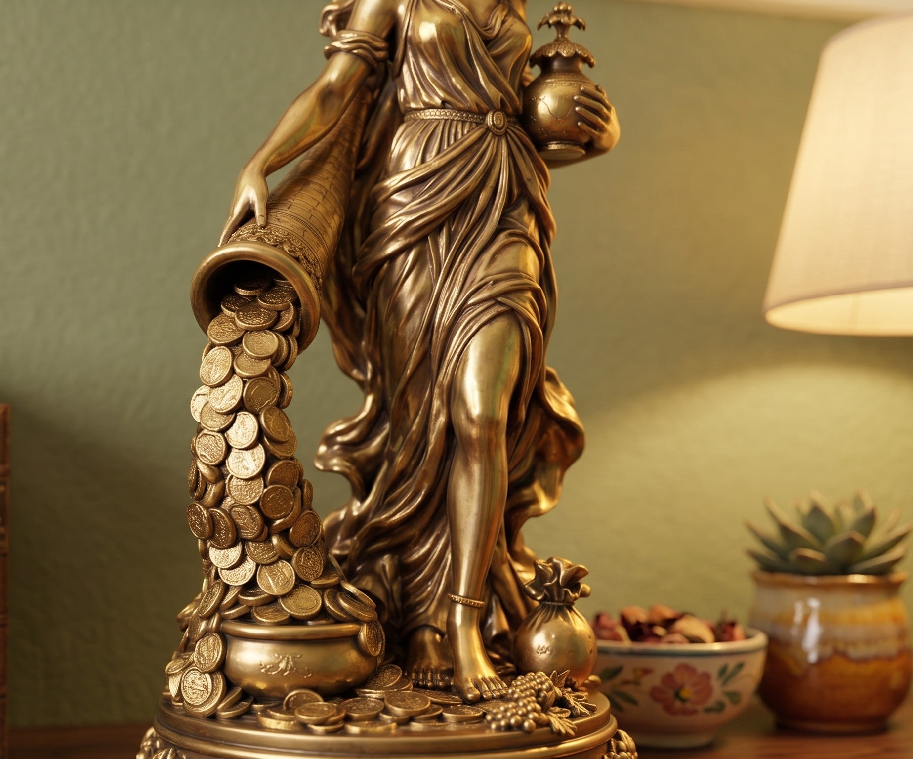Estátua da Deusa da Fortuna a Despejar Moedas — Escultura em Resina com Efeito Dourado