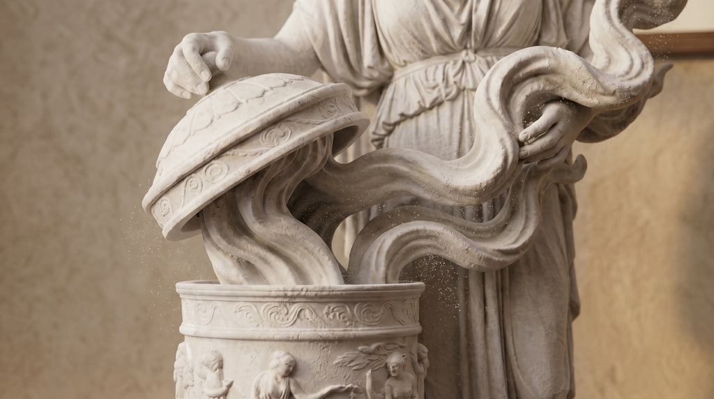 Vaso di Pandora in Resina e Polvere di Marmo – Scultura Mitologica Classica