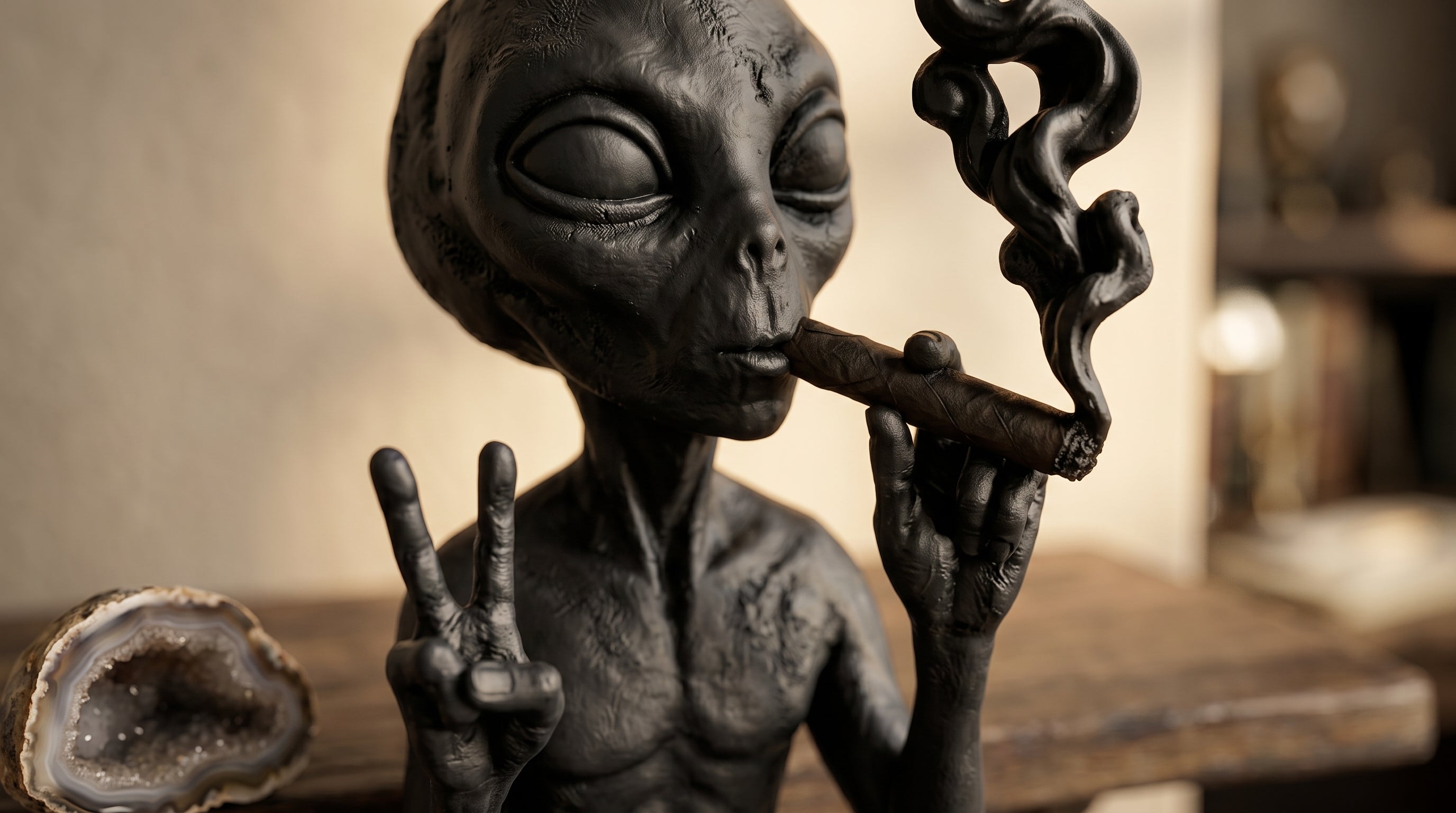 Alien noir fumant-Sculpture de bureau inspirée de la culture pop moderne