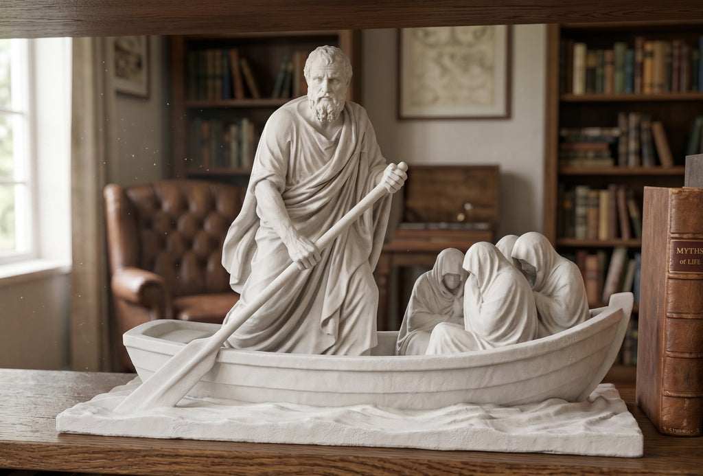 Caronte The Last Journey in Resina Effetto Gesso | Scultura Mitologica Barca e Anime da Collezione