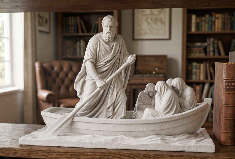 Caronte The Last Journey in Resina Effetto Gesso | Scultura Mitologica Barca e Anime da Collezione