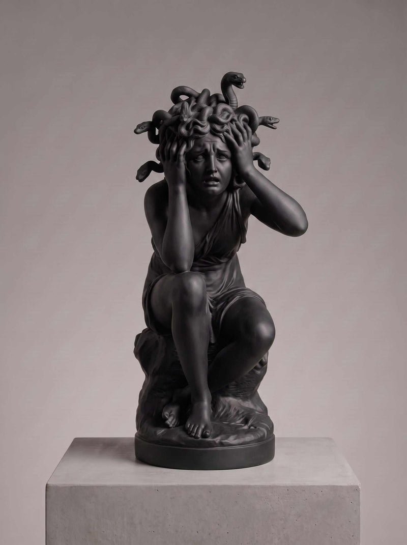 La Metamorfosi di Medusa, scultura in resina effetto marmo, dettaglio serpenti