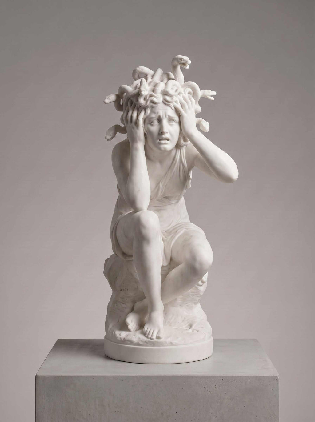 Scultura in marmo bianco che ritrae La Metamorfosi di Medusa con dettagli dei serpenti sulla chioma, unendo mito e bellezza classica