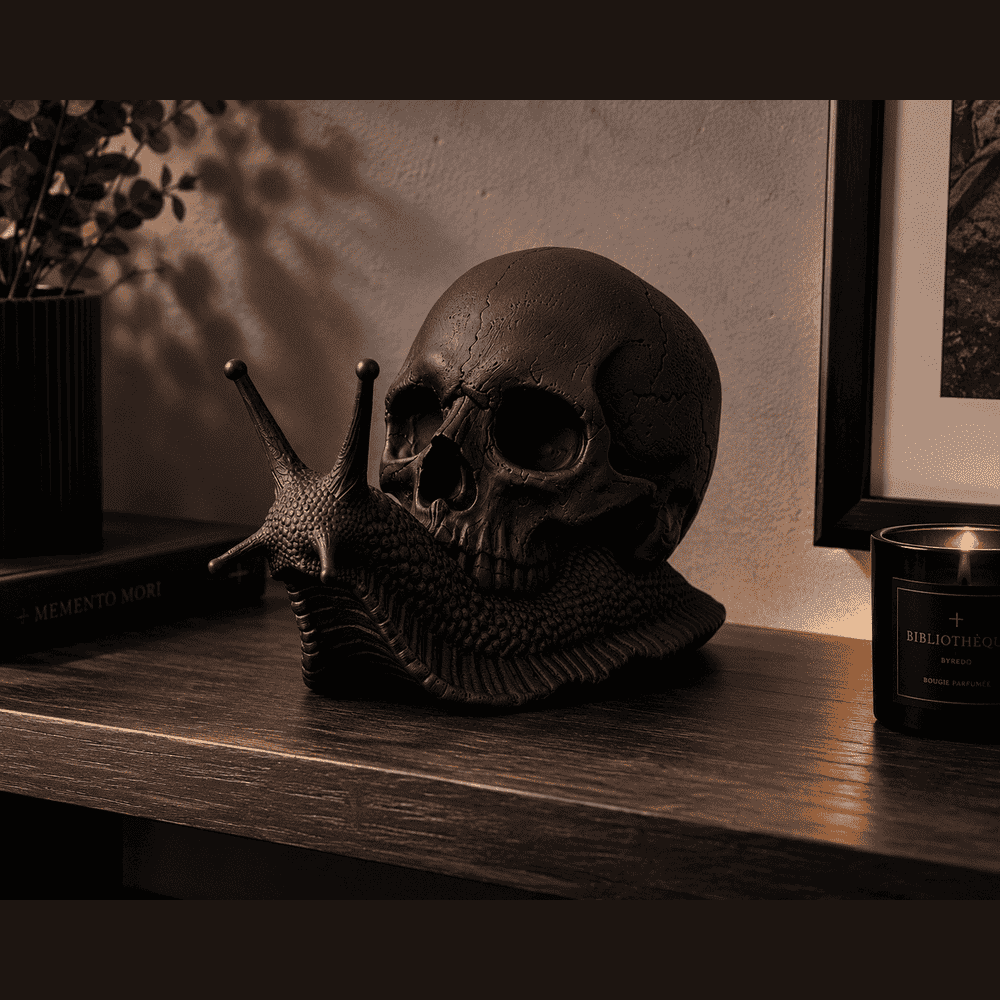 Memento Mori — Scultura Teschio su Lumaca in Resina Nera Opaca - Taraflo