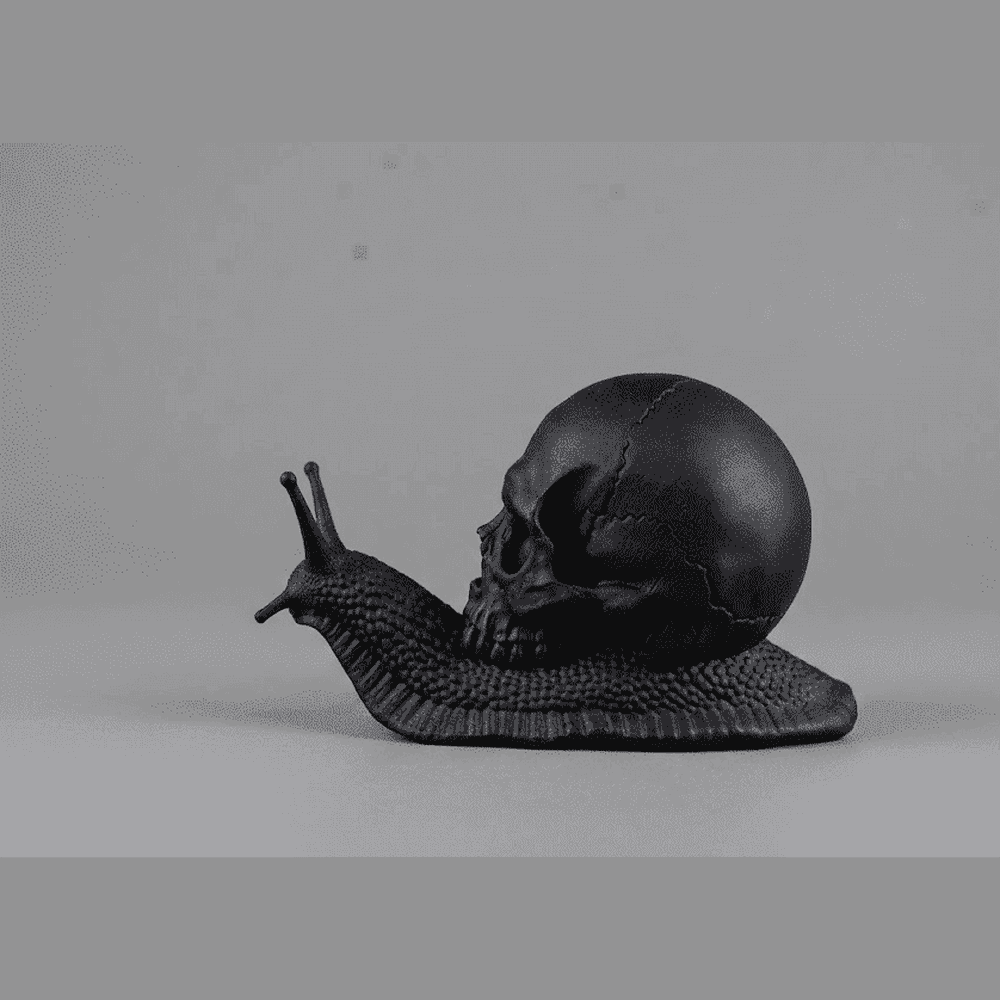 Memento Mori — Scultura Teschio su Lumaca in Resina Nera Opaca - Taraflo