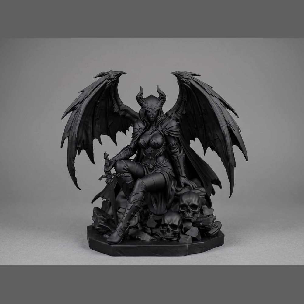 Statuetta Morrigan gotica con ali da drago, trono di teschi e spada, design dark fantasy dettagliato.