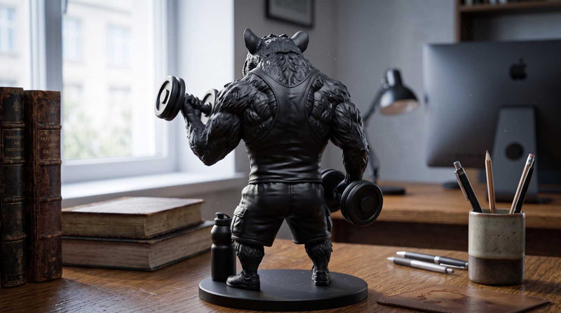 Statua Ratto da Palestra in Resina Nera Opaca – Bodybuilder con Manubri | Scultura Fitness Design per Palestra, Home Gym e Ufficio