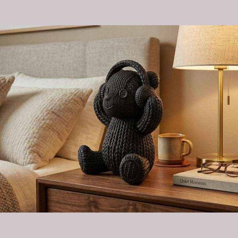 Orsetto «Tech-Cozy» con Cuffie — Statuetta in Resina Nera Opaca (Effetto Maglia) - Taraflo