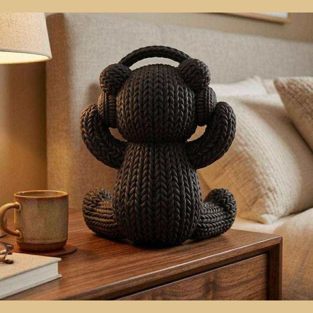 Orsetto «Tech-Cozy» con Cuffie — Statuetta in Resina Nera Opaca (Effetto Maglia) - Taraflo