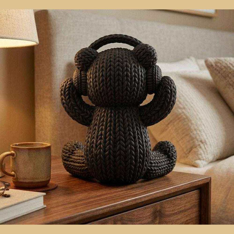 Orsetto «Tech-Cozy» con Cuffie — Statuetta in Resina Nera Opaca (Effetto Maglia) - Taraflo