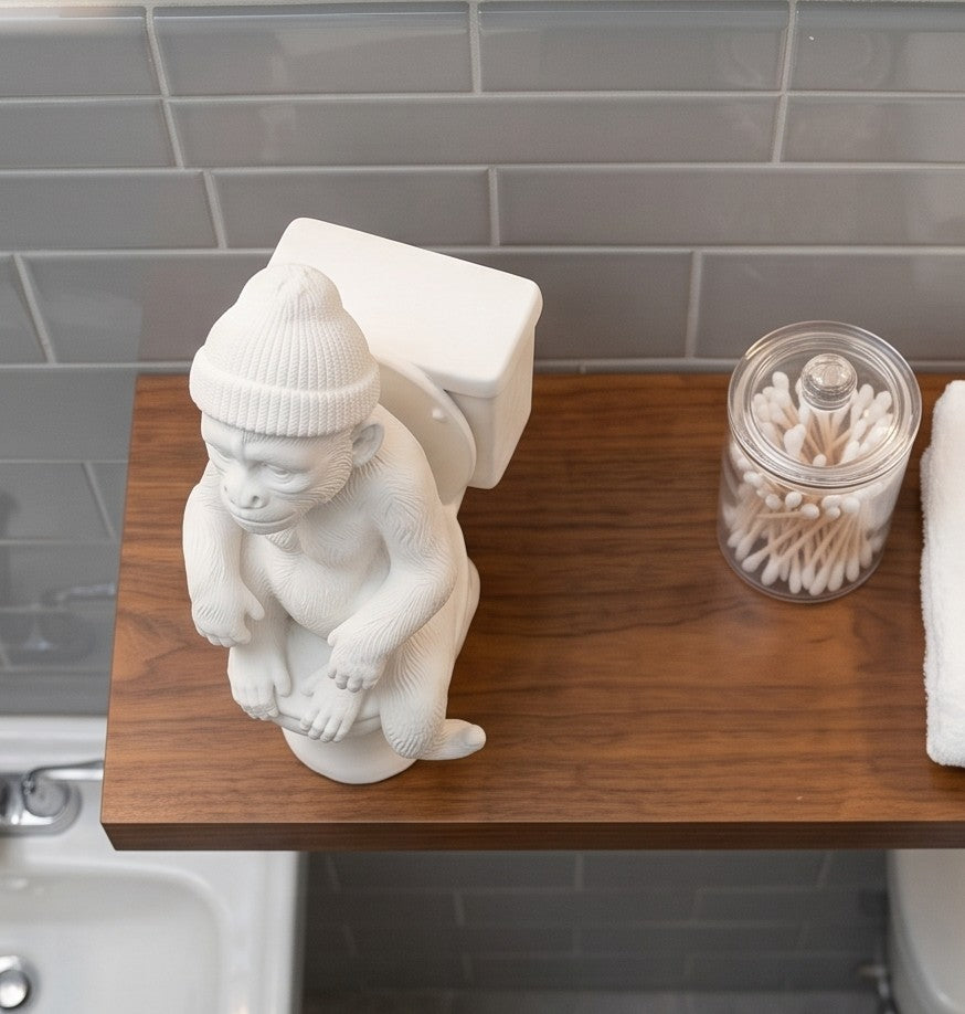 Statue de singe sur les toilettes en résine effet plâtre–Décoration de salle de bain amusante et originale