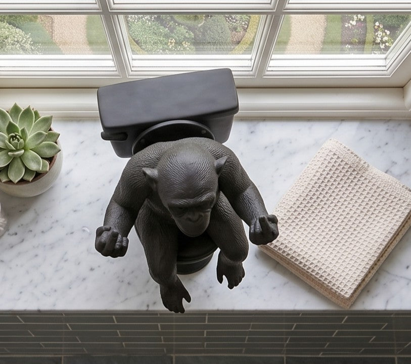 Statua di Scimmia dito medio sul WC in Resina Nera – Decorazione Bagno Ironica e Originale
