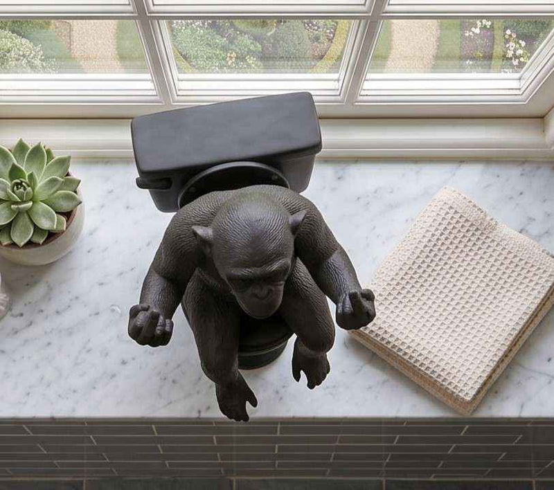 Statua di Scimmia dito medio sul WC in Resina Nera – Decorazione Bagno Ironica e Originale