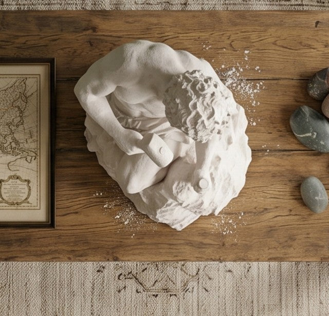  « L'Homme qui se fait tout seul » en résine effet plâtre blanc-Sculpture de table classique « L'homme se créant lui-même » avec un marteau et un burin-Objet décoratif artistique et inspirant pour la maison et le bureau