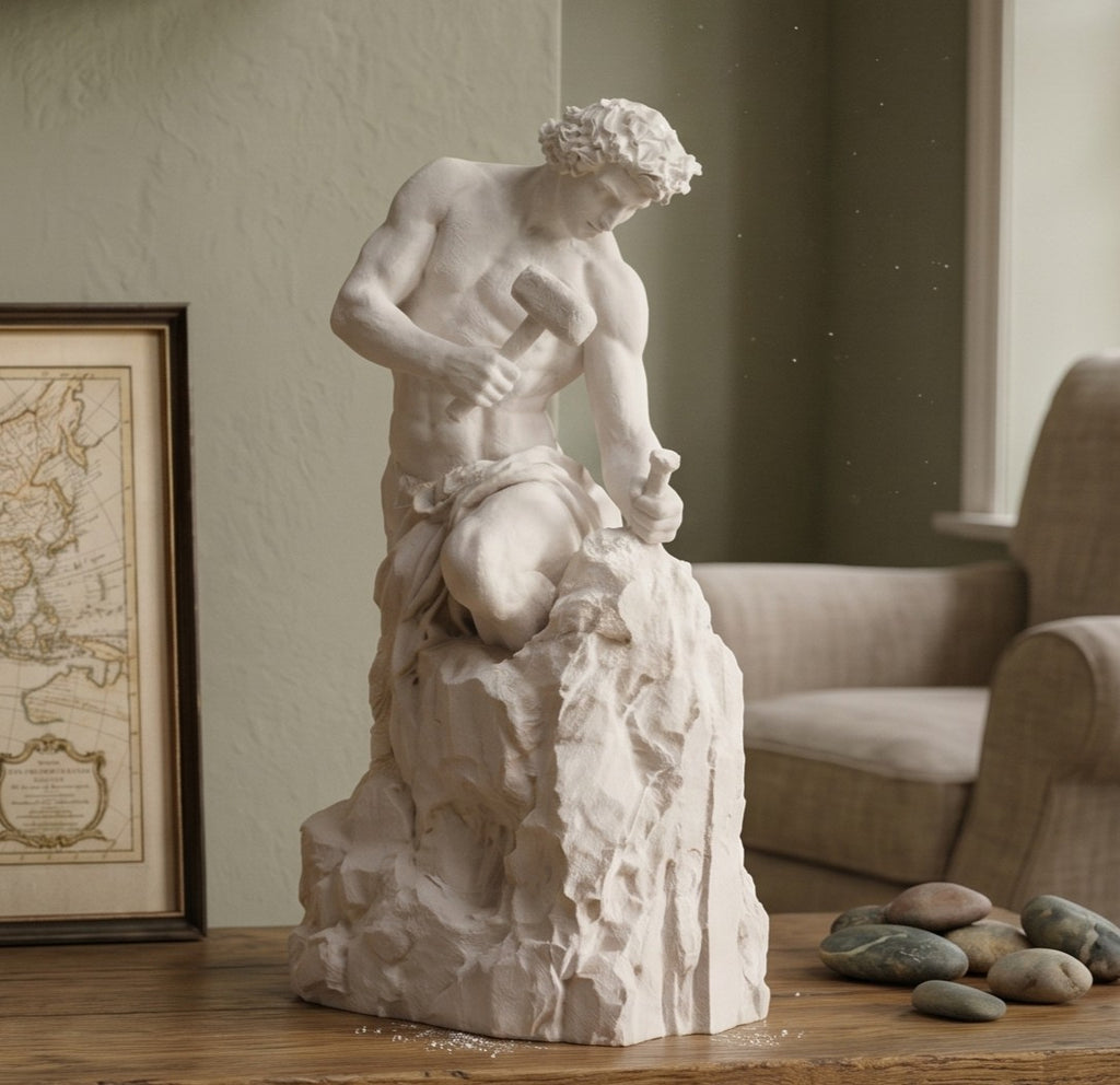  « L'Homme qui se fait tout seul » en résine effet plâtre blanc-Sculpture de table classique « L'homme se créant lui-même » avec un marteau et un burin-Objet décoratif artistique et inspirant pour la maison et le bureau