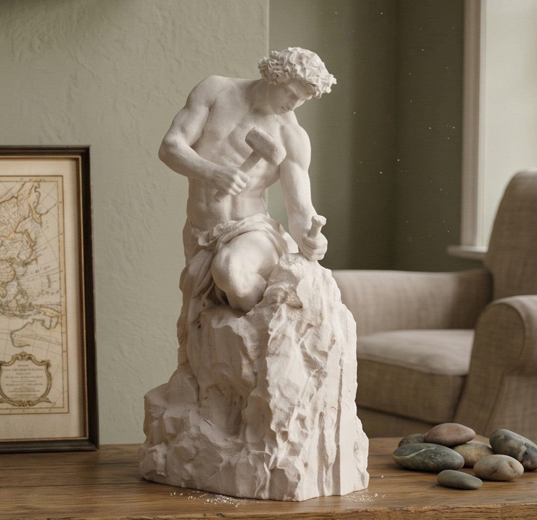  « L'Homme qui se fait tout seul » en résine effet plâtre blanc-Sculpture de table classique « L'homme se créant lui-même » avec un marteau et un burin-Objet décoratif artistique et inspirant pour la maison et le bureau